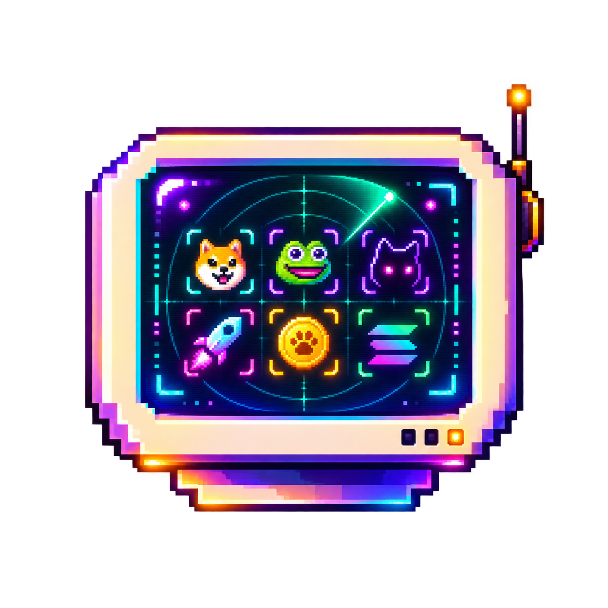 Bright pixel-art CRT terminal scanning Solana meme signals